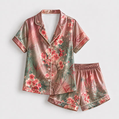 PJ-169-Satin Ombre Rose Cherry Blossom White Piping Button Up Pajama Set FREE SHIPING