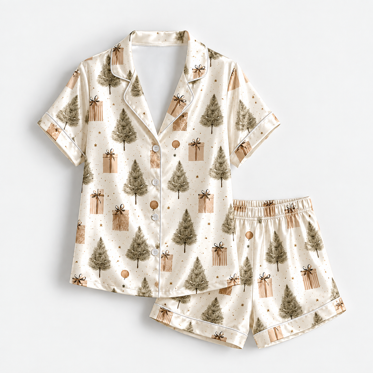 PJ-1694-"Rustic Christmas Tree Satin Pajama Set with Wrapped Gifts and Neutral Vintage Holiday Pattern for Cozy Sleepwear "