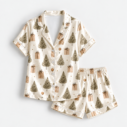 PJ-1694-"Rustic Christmas Tree Satin Pajama Set with Wrapped Gifts and Neutral Vintage Holiday Pattern for Cozy Sleepwear "