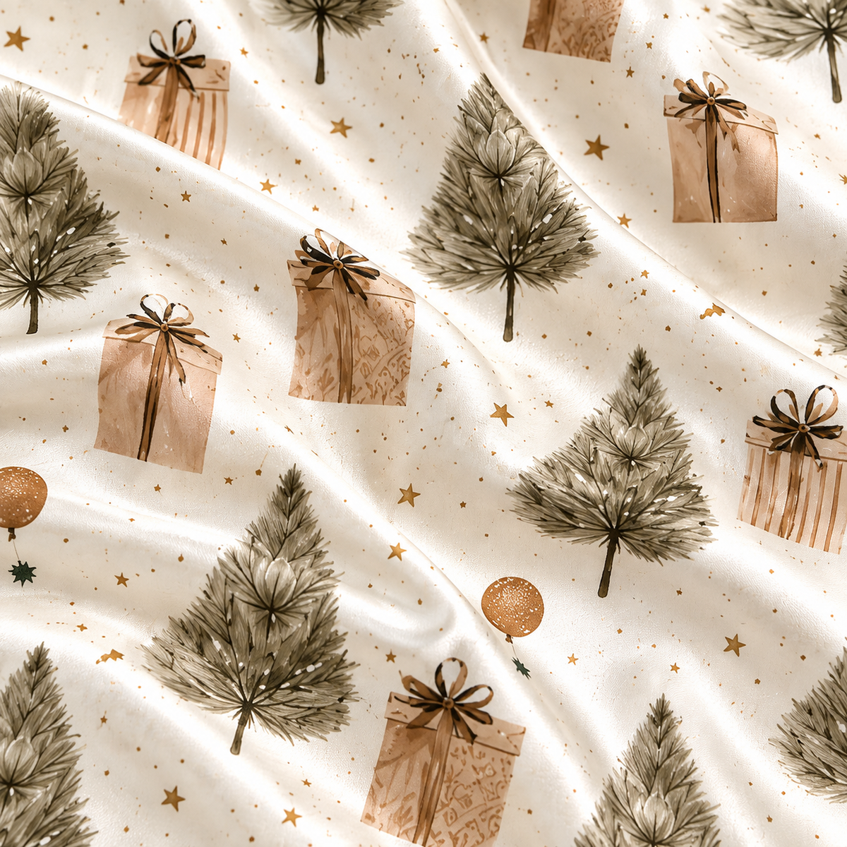 PJ-1694-"Rustic Christmas Tree Satin Pajama Set with Wrapped Gifts and Neutral Vintage Holiday Pattern for Cozy Sleepwear "