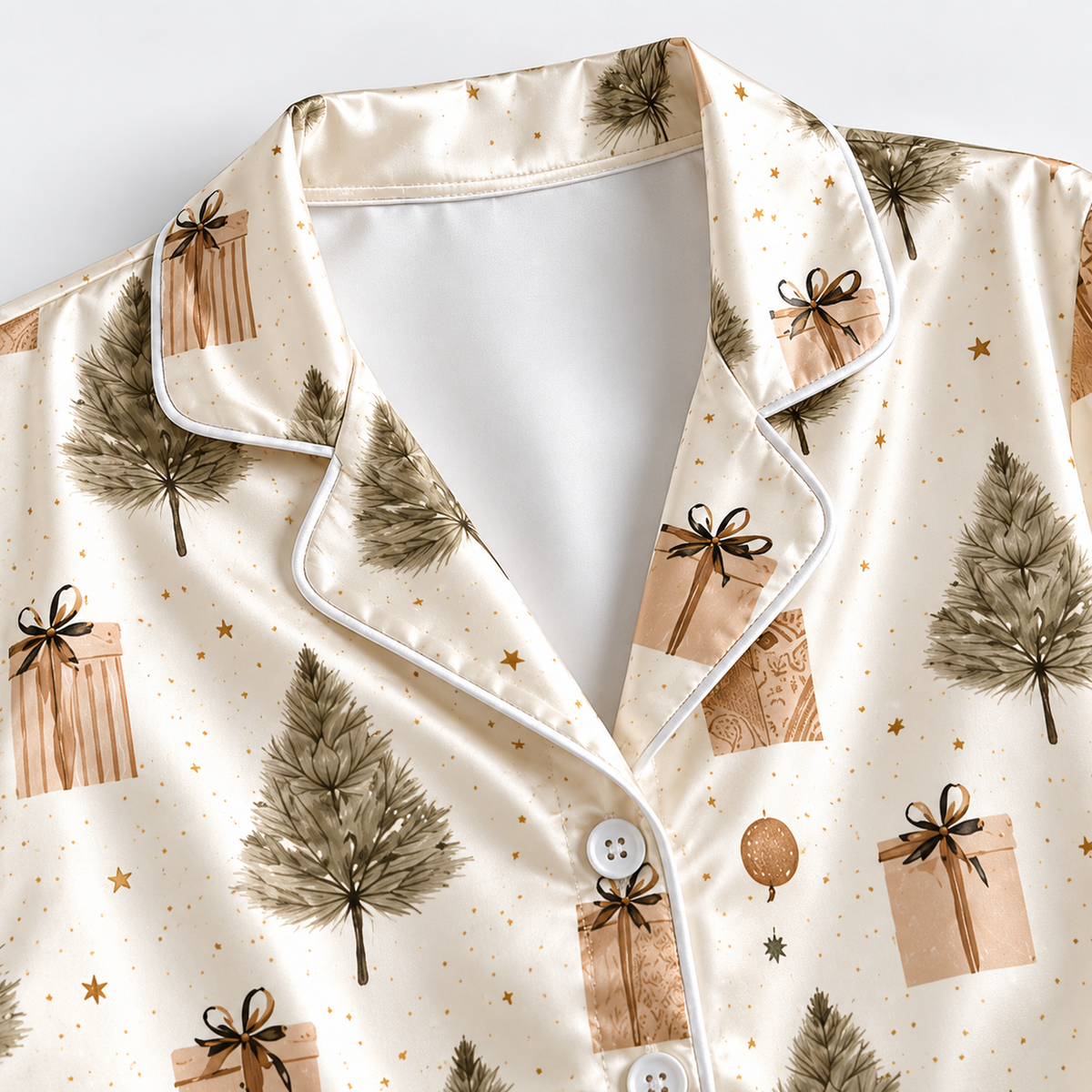 PJ-1694-"Rustic Christmas Tree Satin Pajama Set with Wrapped Gifts and Neutral Vintage Holiday Pattern for Cozy Sleepwear "