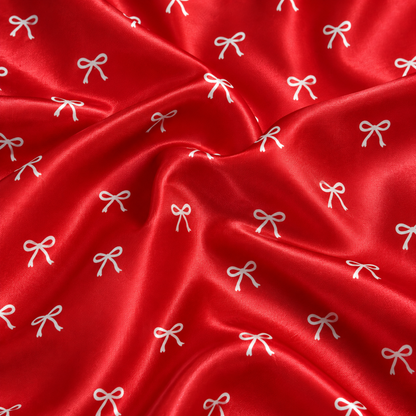 PJ-1695-"Red Bow Satin Pajama Set with Delicate White Ribbons and Minimalist Coquette Pattern for Cozy Sleepwear "