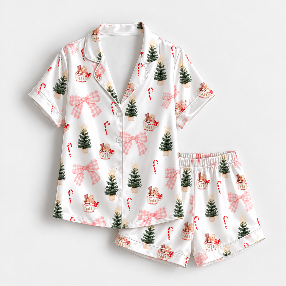 PJ-1696-"Christmas Tree Satin Pajama Set with Pink Gingham Bows Candy Canes Gingerbread Mugs and Festive Holiday Pattern for Cozy Sleepwear "
