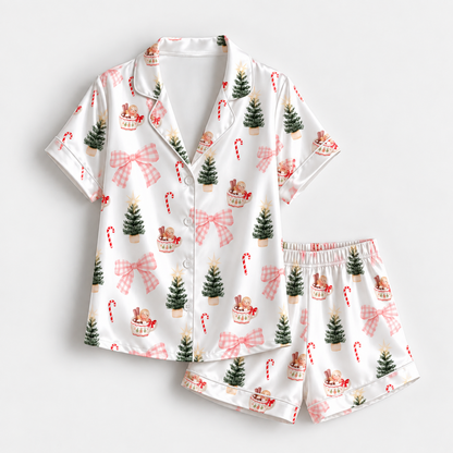 PJ-1696-"Christmas Tree Satin Pajama Set with Pink Gingham Bows Candy Canes Gingerbread Mugs and Festive Holiday Pattern for Cozy Sleepwear "