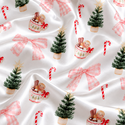 PJ-1696-"Christmas Tree Satin Pajama Set with Pink Gingham Bows Candy Canes Gingerbread Mugs and Festive Holiday Pattern for Cozy Sleepwear "