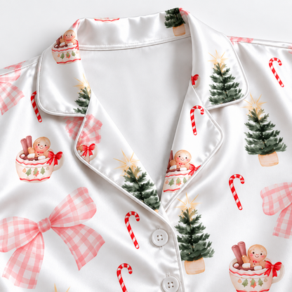 PJ-1696-"Christmas Tree Satin Pajama Set with Pink Gingham Bows Candy Canes Gingerbread Mugs and Festive Holiday Pattern for Cozy Sleepwear "