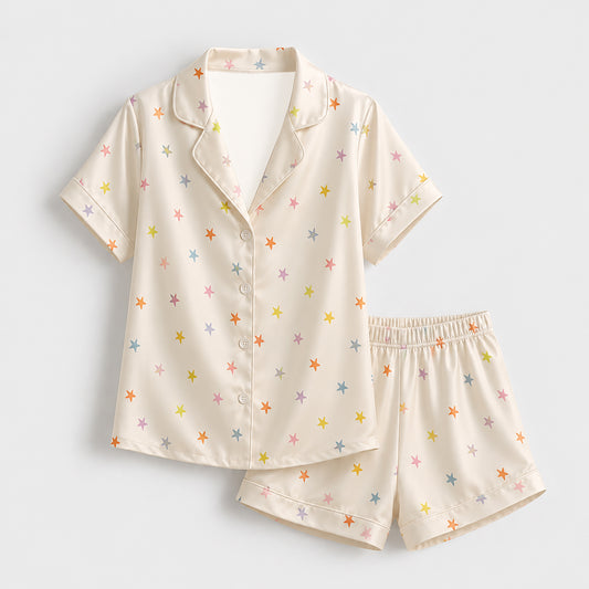PJ-170-Satin Ivory Pastel Star Classic Piping Button Up Pajama Set FREE SHIPPING