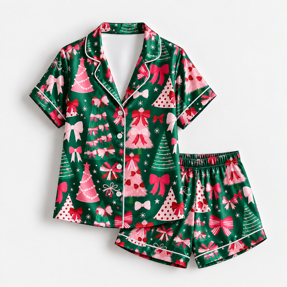PJ-1700-"Pink Bow Christmas Satin Pajama Set with Christmas Trees Ribbons Stars and Festive Green Holiday Pattern for Cozy Sleepwear "