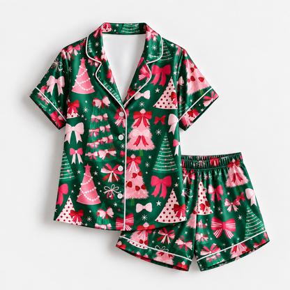 PJ-1700-"Pink Bow Christmas Satin Pajama Set with Christmas Trees Ribbons Stars and Festive Green Holiday Pattern for Cozy Sleepwear "