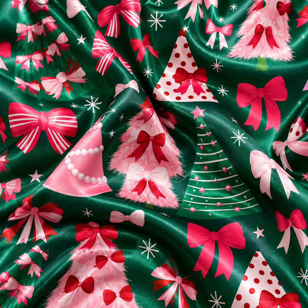 PJ-1700-"Pink Bow Christmas Satin Pajama Set with Christmas Trees Ribbons Stars and Festive Green Holiday Pattern for Cozy Sleepwear "