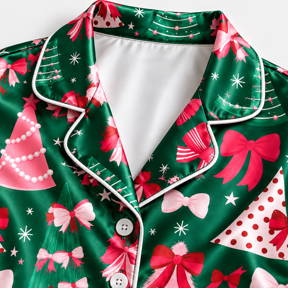 PJ-1700-"Pink Bow Christmas Satin Pajama Set with Christmas Trees Ribbons Stars and Festive Green Holiday Pattern for Cozy Sleepwear "
