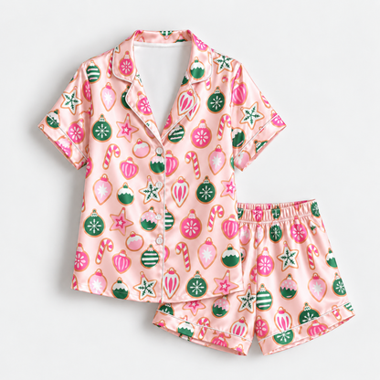 PJ-1706-"Pink Christmas Satin Pajama Set with Ornaments Candy Canes Stars Snowflakes and Colorful Festive Holiday Pattern for Cozy Sleepwear "