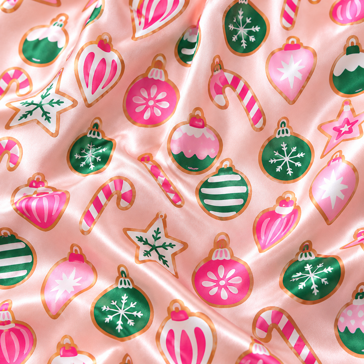 PJ-1706-"Pink Christmas Satin Pajama Set with Ornaments Candy Canes Stars Snowflakes and Colorful Festive Holiday Pattern for Cozy Sleepwear "