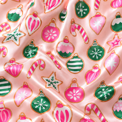 PJ-1706-"Pink Christmas Satin Pajama Set with Ornaments Candy Canes Stars Snowflakes and Colorful Festive Holiday Pattern for Cozy Sleepwear "