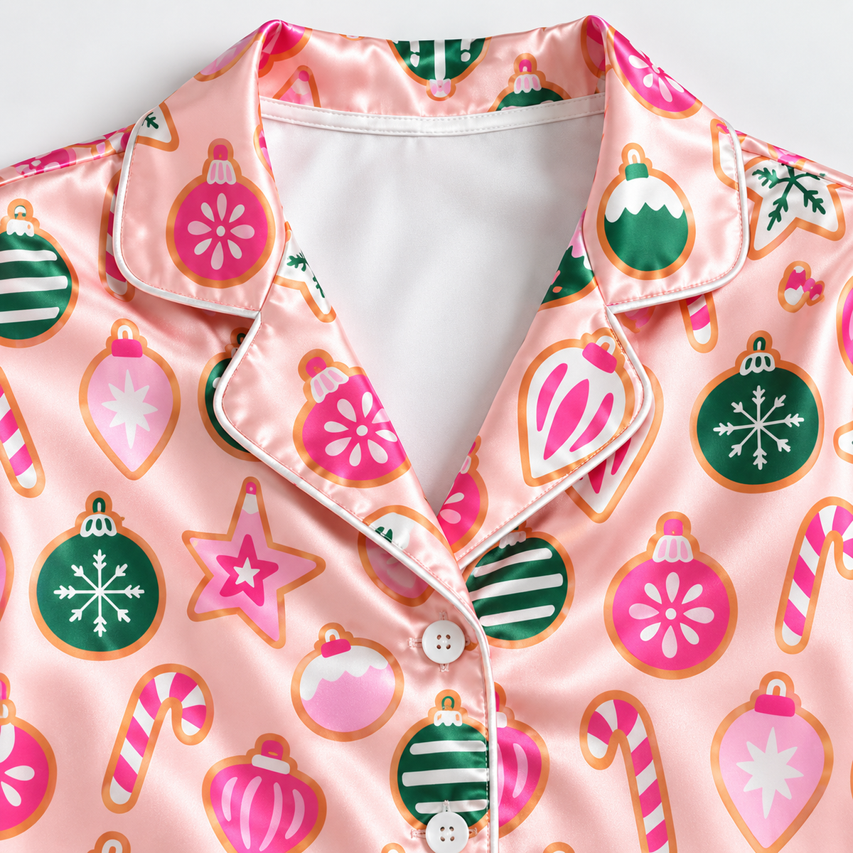 PJ-1706-"Pink Christmas Satin Pajama Set with Ornaments Candy Canes Stars Snowflakes and Colorful Festive Holiday Pattern for Cozy Sleepwear "