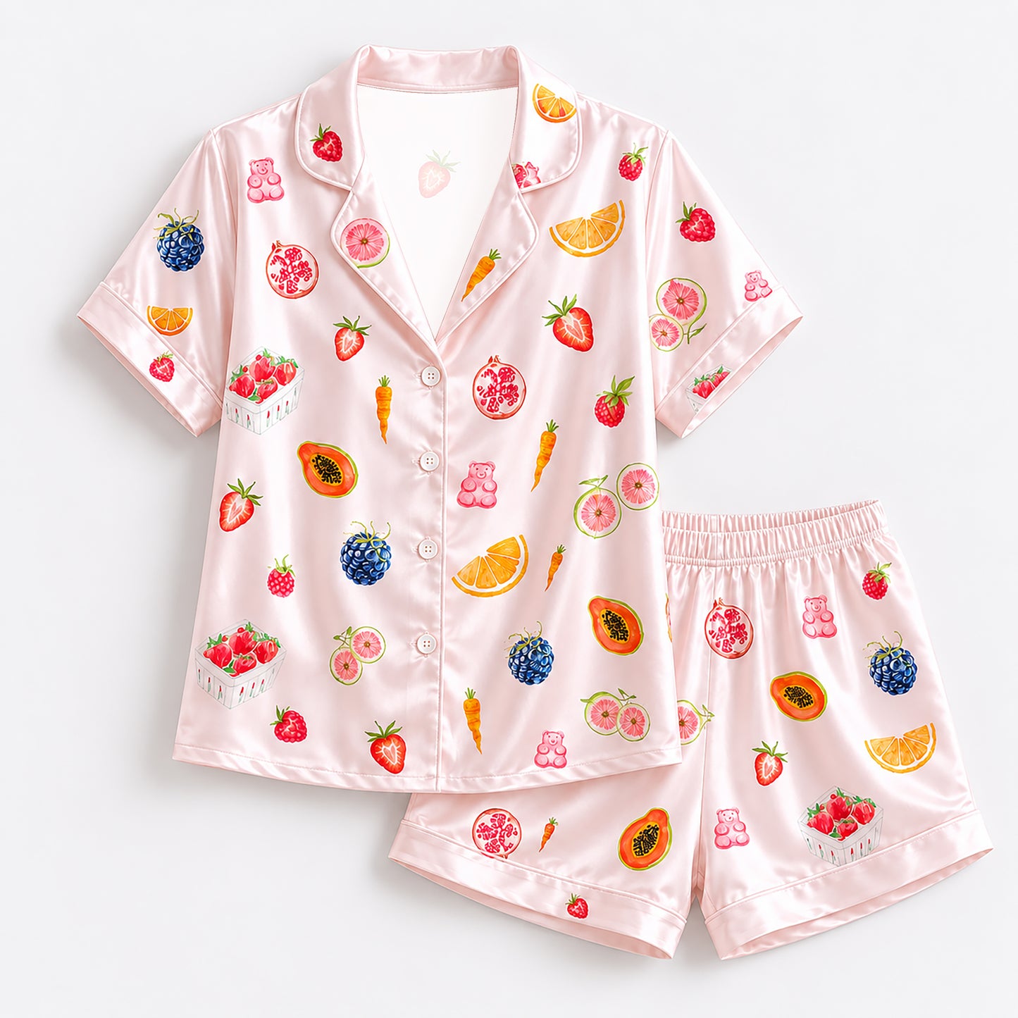 PJ-171-Satin Blush Pink Tutti Frutti Classic Piping Button Up Pajama Set FREE SHIPING