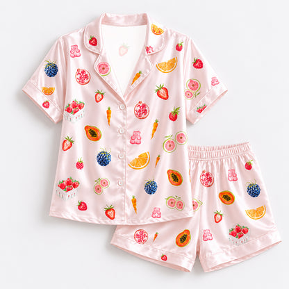 PJ-171-Satin Blush Pink Tutti Frutti Classic Piping Button Up Pajama Set FREE SHIPING