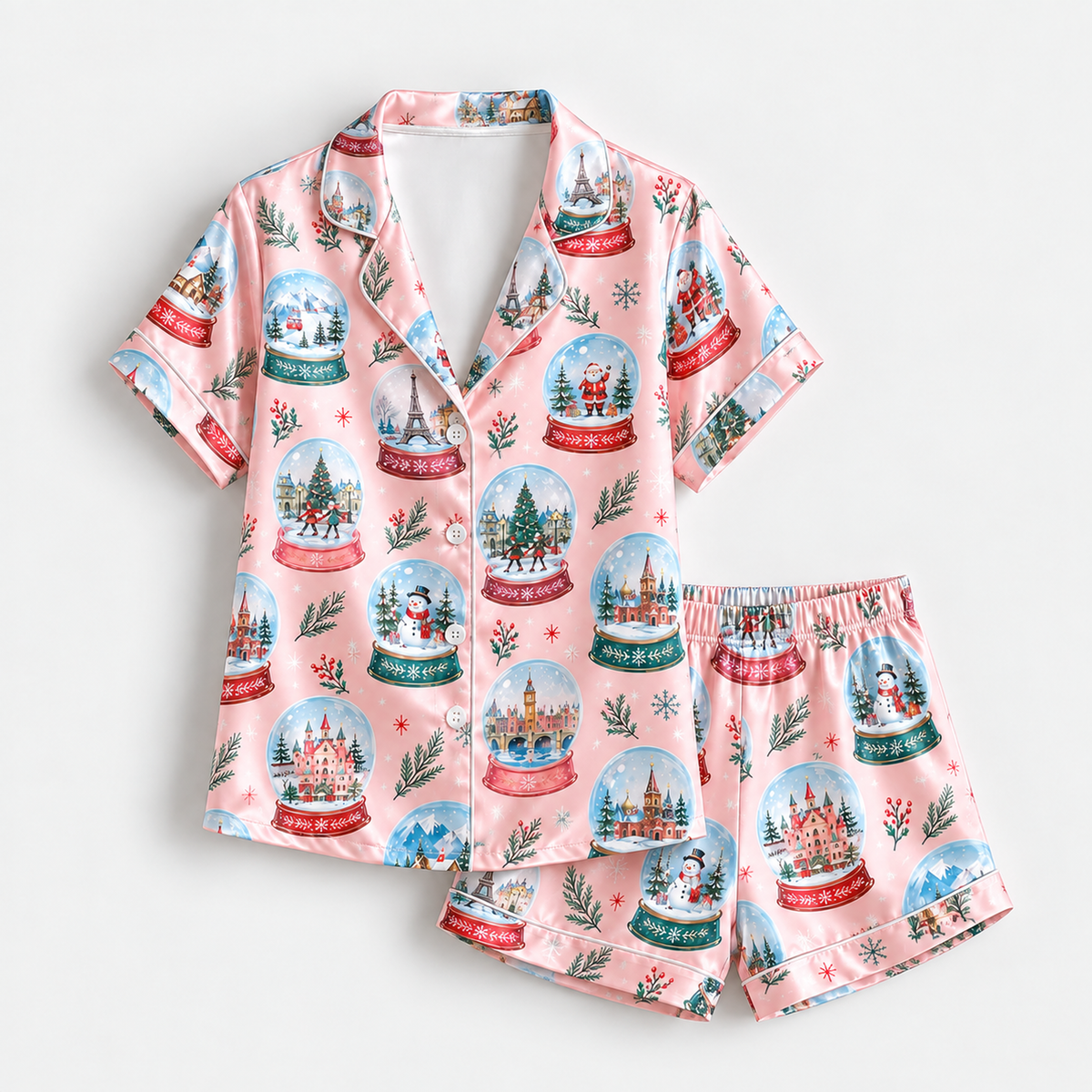 PJ-1711-"Pink Christmas Snow Globe Satin Pajama Set with Snowmen Winter Villages Trees and Festive Holiday Pattern for Cozy Sleepwear "