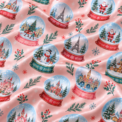 PJ-1711-"Pink Christmas Snow Globe Satin Pajama Set with Snowmen Winter Villages Trees and Festive Holiday Pattern for Cozy Sleepwear "