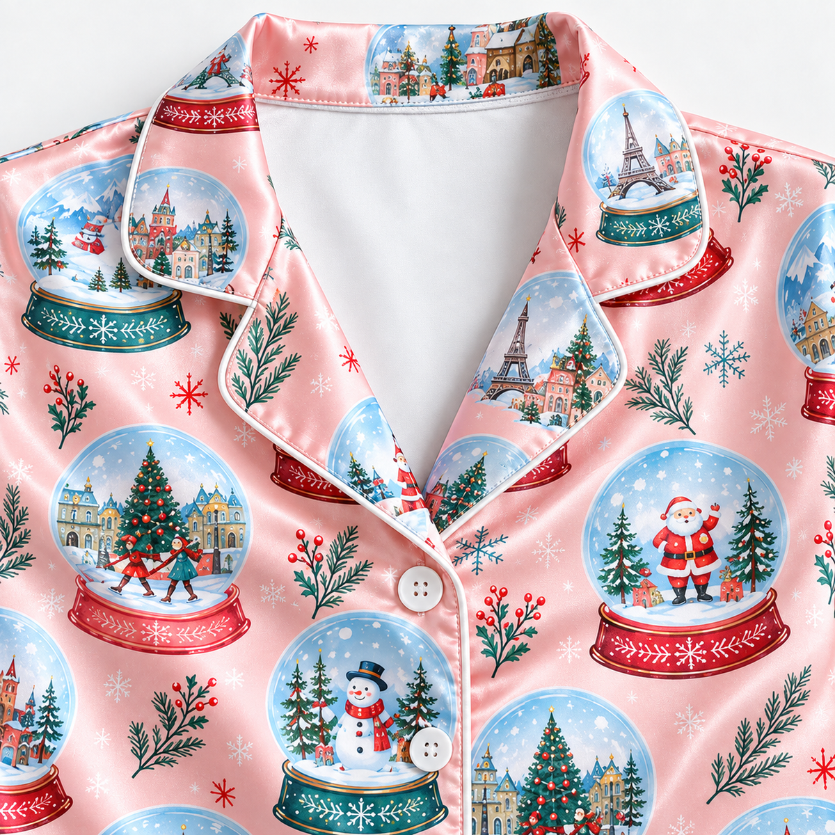 PJ-1711-"Pink Christmas Snow Globe Satin Pajama Set with Snowmen Winter Villages Trees and Festive Holiday Pattern for Cozy Sleepwear "