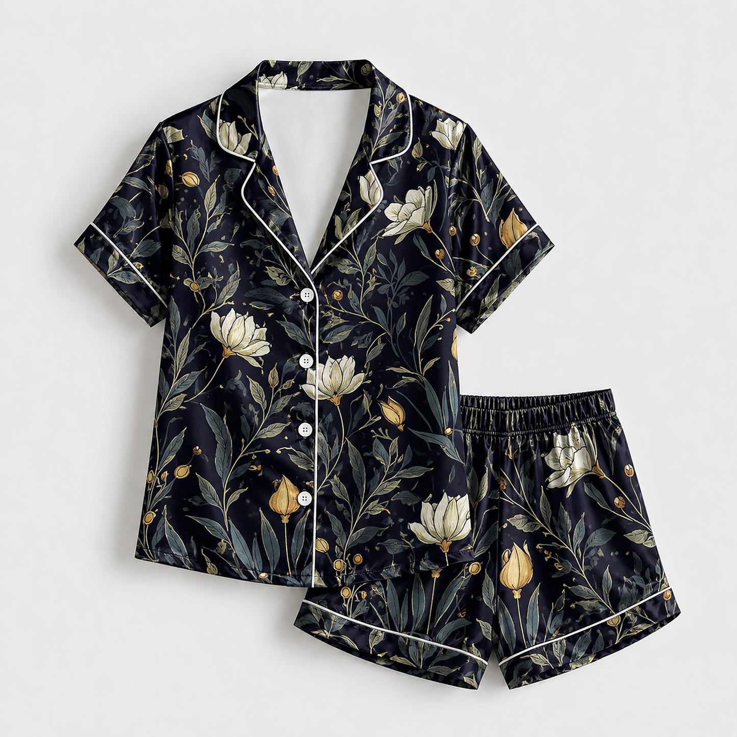 PJ-172-Satin Midnight Navy Botanical White Piping Button Up Pajama Set FREE SHIPING