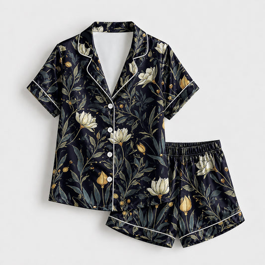 PJ-172-Satin Midnight Navy Botanical White Piping Button Up Pajama Set FREE SHIPPING