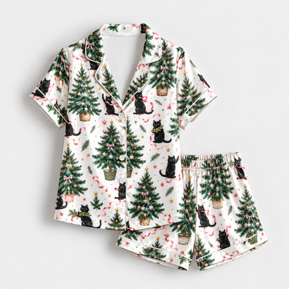 PJ-1725-"Black Cat Christmas Satin Pajama Set with Decorated Christmas Trees Candy Canes Stars and Festive Holiday Pattern for Cozy Sleepwear "