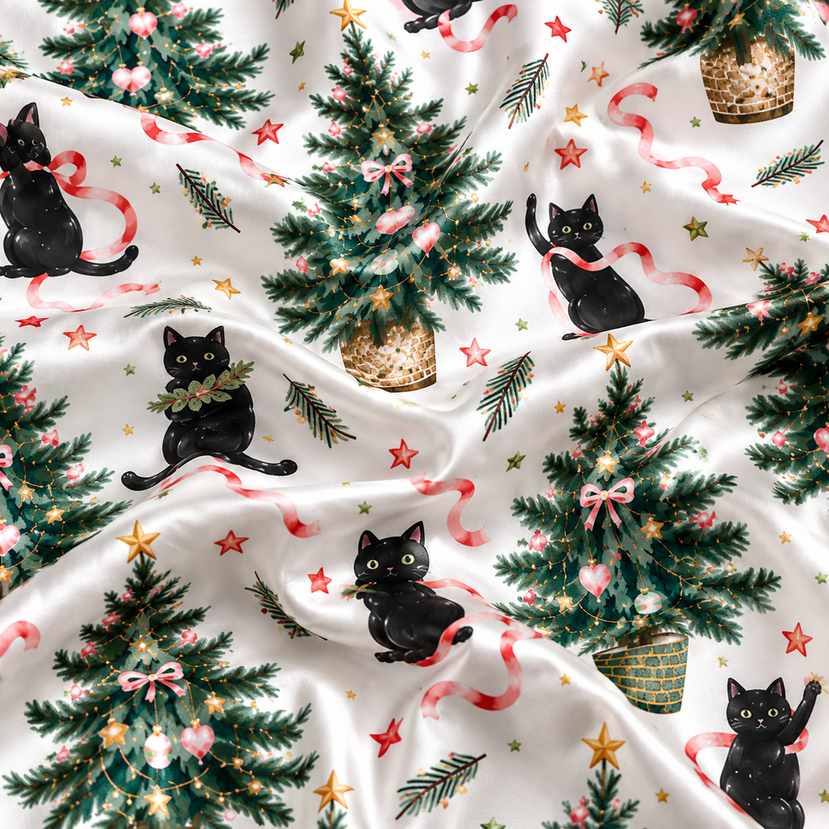 PJ-1725-"Black Cat Christmas Satin Pajama Set with Decorated Christmas Trees Candy Canes Stars and Festive Holiday Pattern for Cozy Sleepwear "