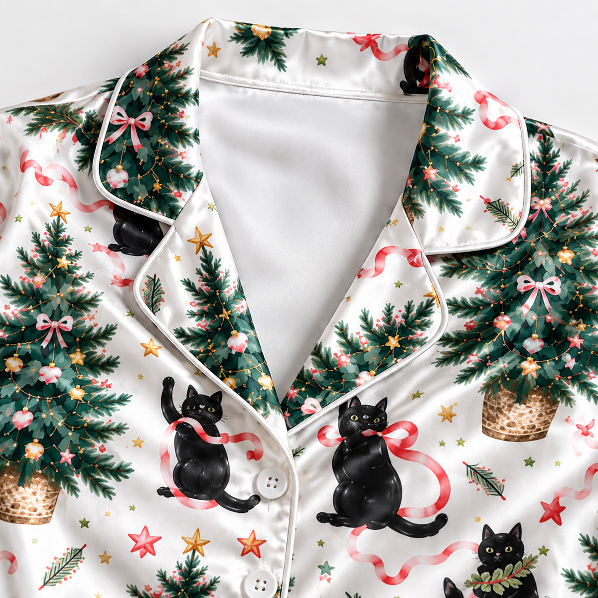 PJ-1725-"Black Cat Christmas Satin Pajama Set with Decorated Christmas Trees Candy Canes Stars and Festive Holiday Pattern for Cozy Sleepwear "