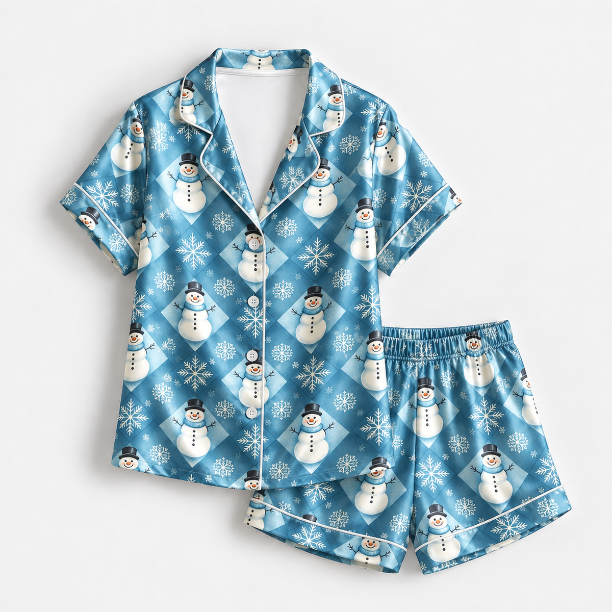 PJ-1729-Blue Snowman Satin Pajama Set with Snowflakes and Frosty Winter Wonderland Pattern for Cozy Christmas Sleepwear