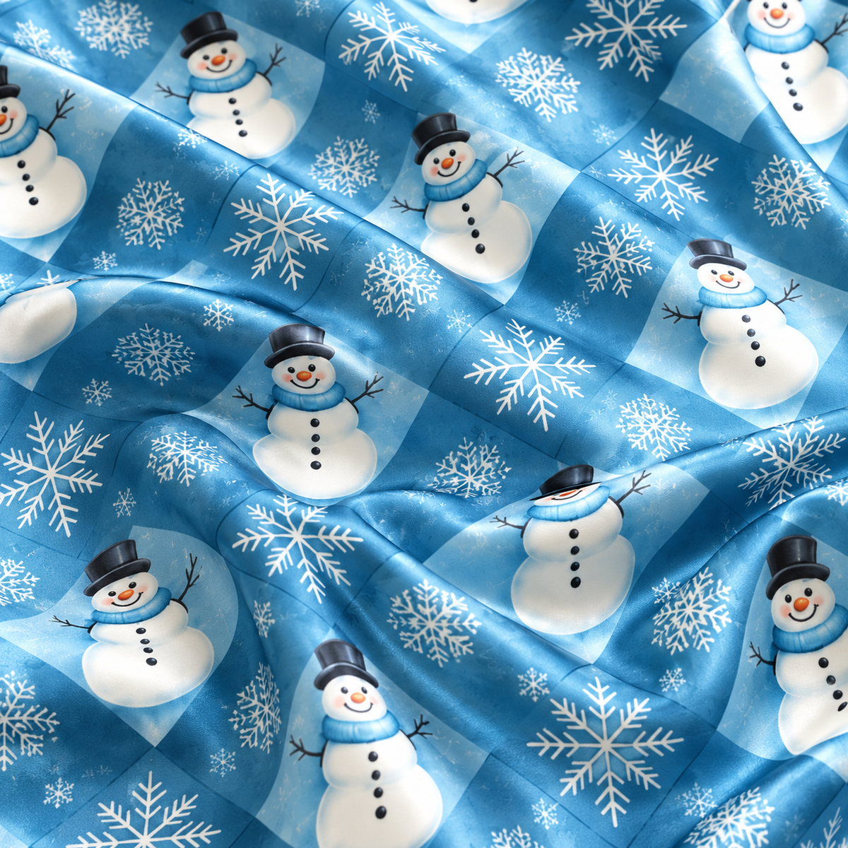 PJ-1729-Blue Snowman Satin Pajama Set with Snowflakes and Frosty Winter Wonderland Pattern for Cozy Christmas Sleepwear