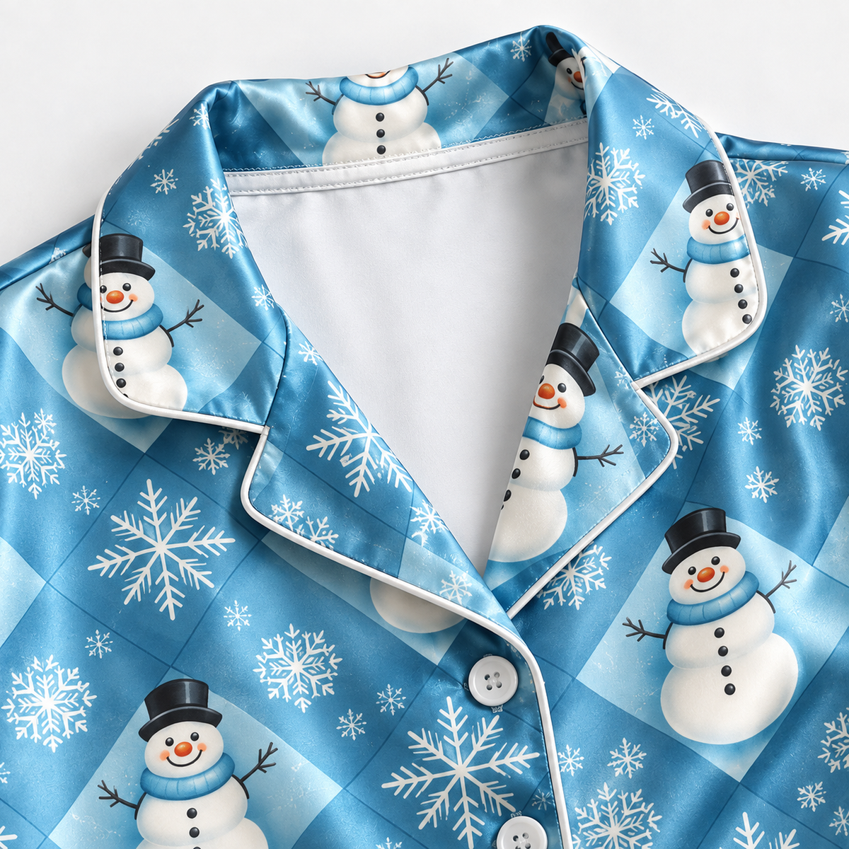 PJ-1729-Blue Snowman Satin Pajama Set with Snowflakes and Frosty Winter Wonderland Pattern for Cozy Christmas Sleepwear