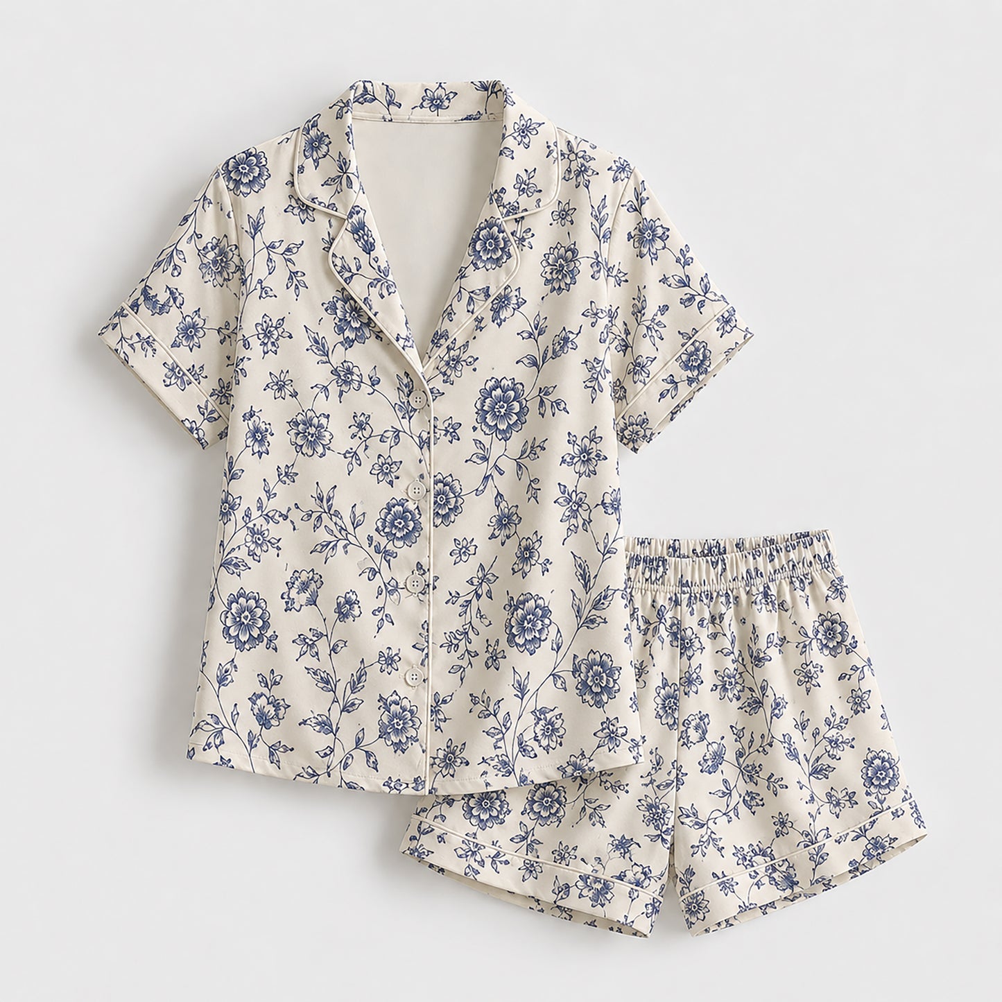 PJ-173-Satin Ivory Blue Porcelain Floral Classic Piping Button Up Pajama Set FREE SHIPING