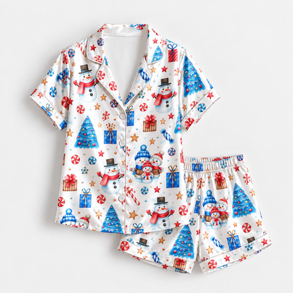 PJ-1730-"Christmas Snowman Satin Pajama Set with Blue Christmas Trees Candy Canes Gifts Stars and Festive Winter Holiday Pattern for Cozy Sleepwear "