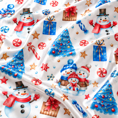 PJ-1730-"Christmas Snowman Satin Pajama Set with Blue Christmas Trees Candy Canes Gifts Stars and Festive Winter Holiday Pattern for Cozy Sleepwear "