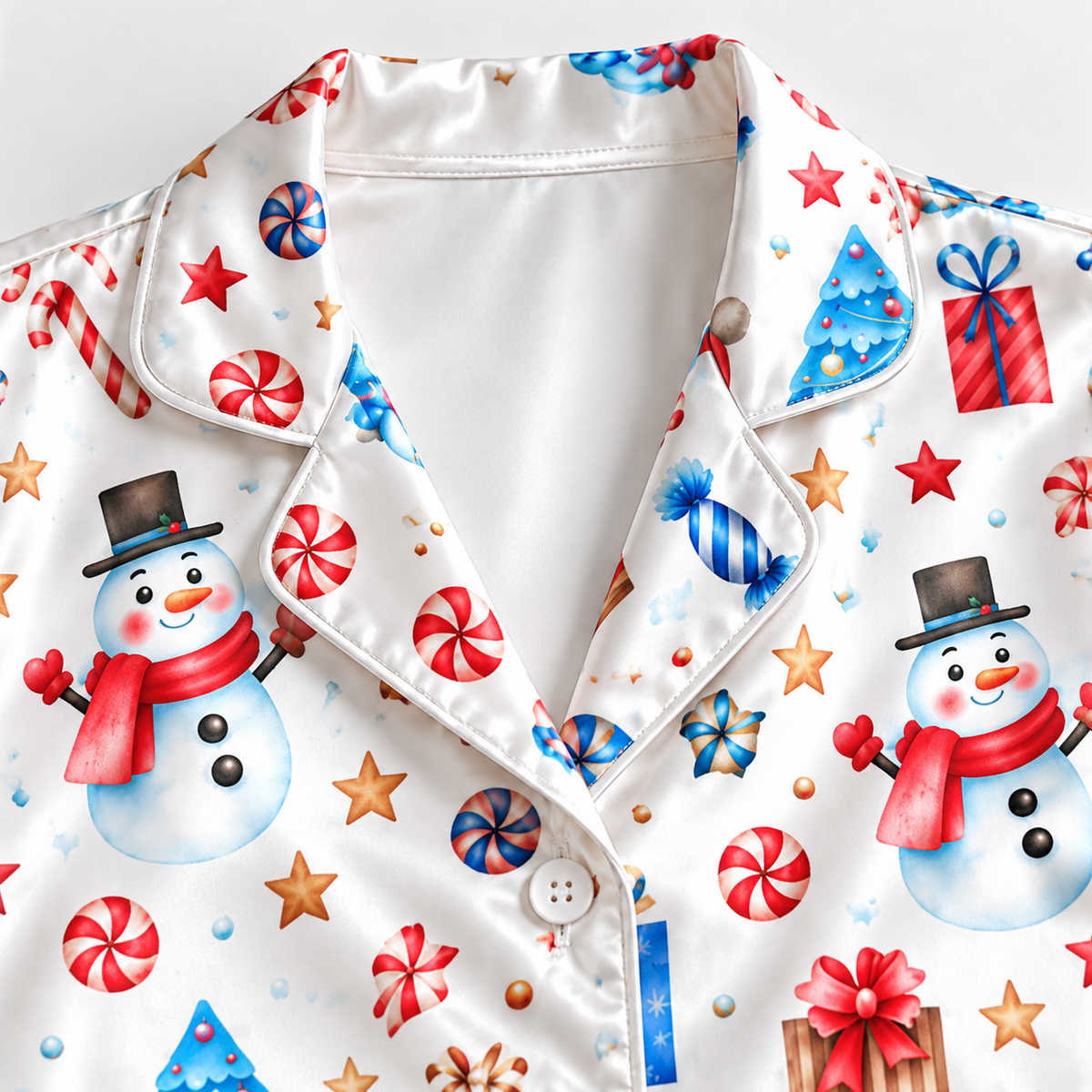 PJ-1730-"Christmas Snowman Satin Pajama Set with Blue Christmas Trees Candy Canes Gifts Stars and Festive Winter Holiday Pattern for Cozy Sleepwear "