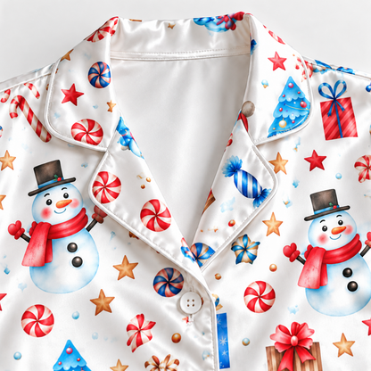 PJ-1730-"Christmas Snowman Satin Pajama Set with Blue Christmas Trees Candy Canes Gifts Stars and Festive Winter Holiday Pattern for Cozy Sleepwear "