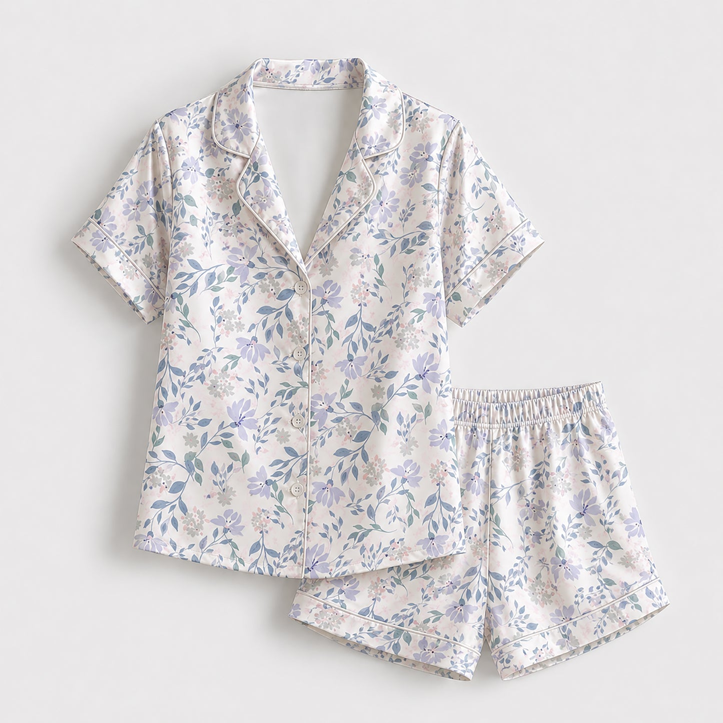 PJ-174-Satin White Pastel Lilac Floral Classic Piping Button Up Pajama Set FREE SHIPING