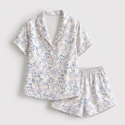 PJ-174-Satin White Pastel Lilac Floral Classic Piping Button Up Pajama Set FREE SHIPING