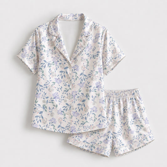 PJ-174-Satin White Pastel Lilac Floral Classic Piping Button Up Pajama Set FREE SHIPPING