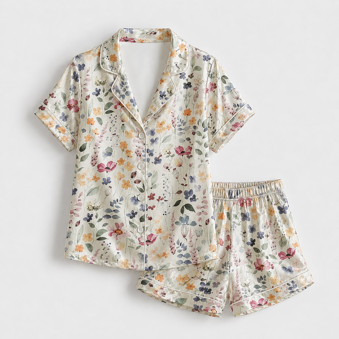 PJ-175-Pastel Floral Satin Pajama Set With Button Up Shirt And Soft Matching Bottoms FREE SHIPING