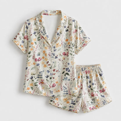 PJ-175-Pastel Floral Satin Pajama Set With Button Up Shirt And Soft Matching Bottoms FREE SHIPING