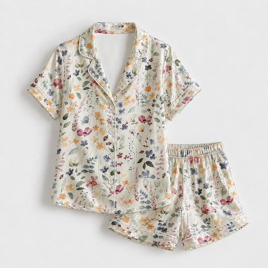 PJ-175-Pastel Floral Satin Pajama Set With Button Up Shirt And Soft Matching Bottoms FREE SHIPPING