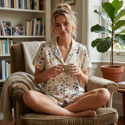 PJ-175-Pastel Floral Satin Pajama Set With Button Up Shirt And Soft Matching Bottoms FREE SHIPING