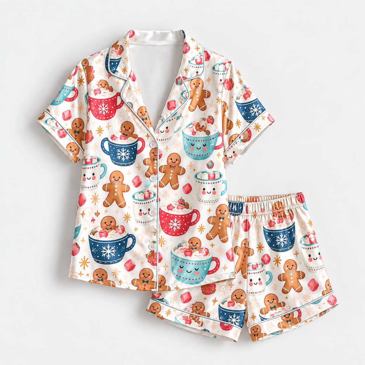PJ-1754-"Gingerbread Hot Cocoa Satin Pajama Set with Christmas Mugs Marshmallows Candy Canes and Festive Winter Pattern for Cozy Sleepwear "