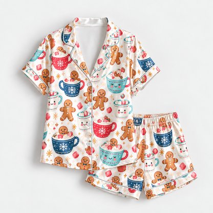 PJ-1754-"Gingerbread Hot Cocoa Satin Pajama Set with Christmas Mugs Marshmallows Candy Canes and Festive Winter Pattern for Cozy Sleepwear "