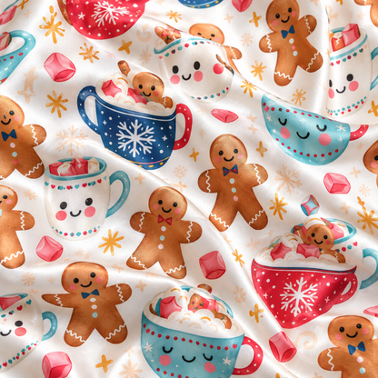 PJ-1754-"Gingerbread Hot Cocoa Satin Pajama Set with Christmas Mugs Marshmallows Candy Canes and Festive Winter Pattern for Cozy Sleepwear "
