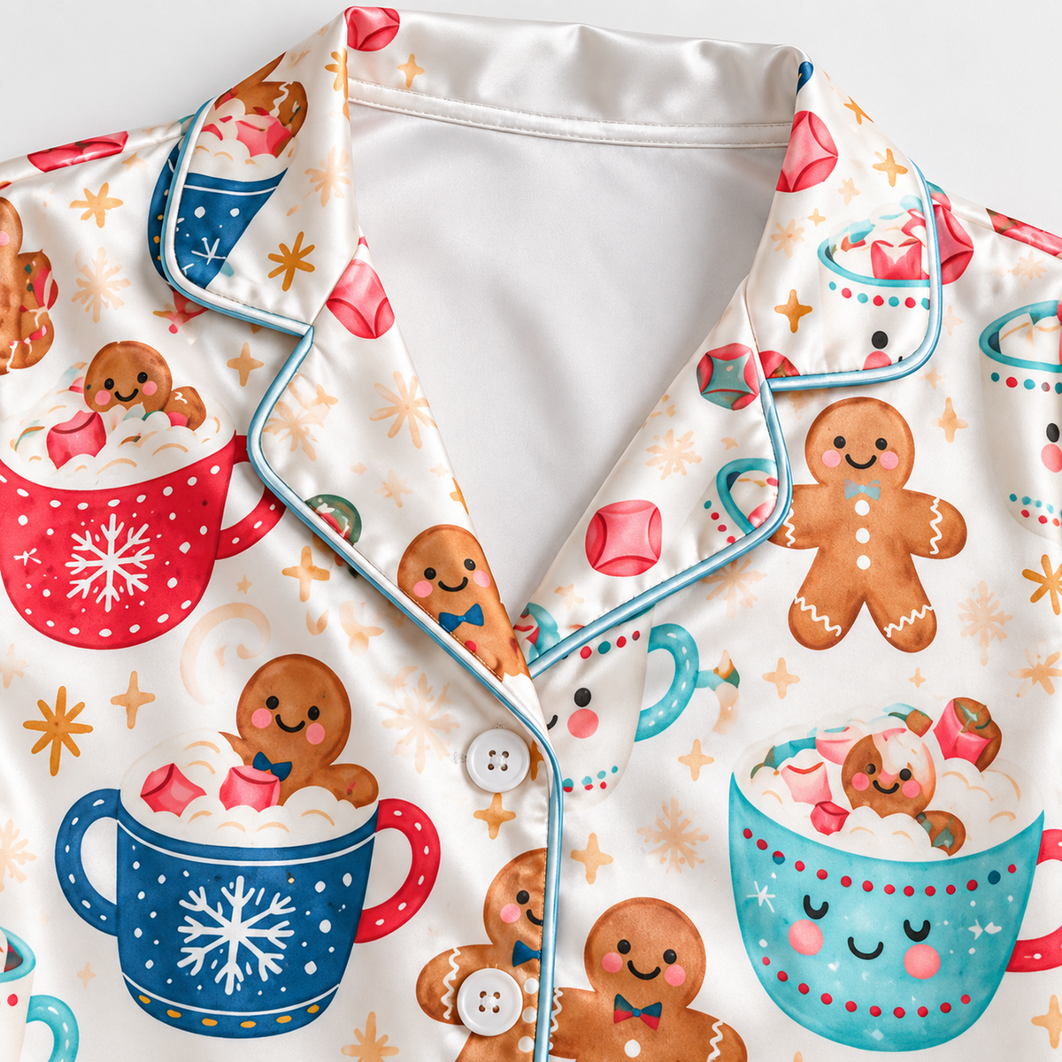 PJ-1754-"Gingerbread Hot Cocoa Satin Pajama Set with Christmas Mugs Marshmallows Candy Canes and Festive Winter Pattern for Cozy Sleepwear "