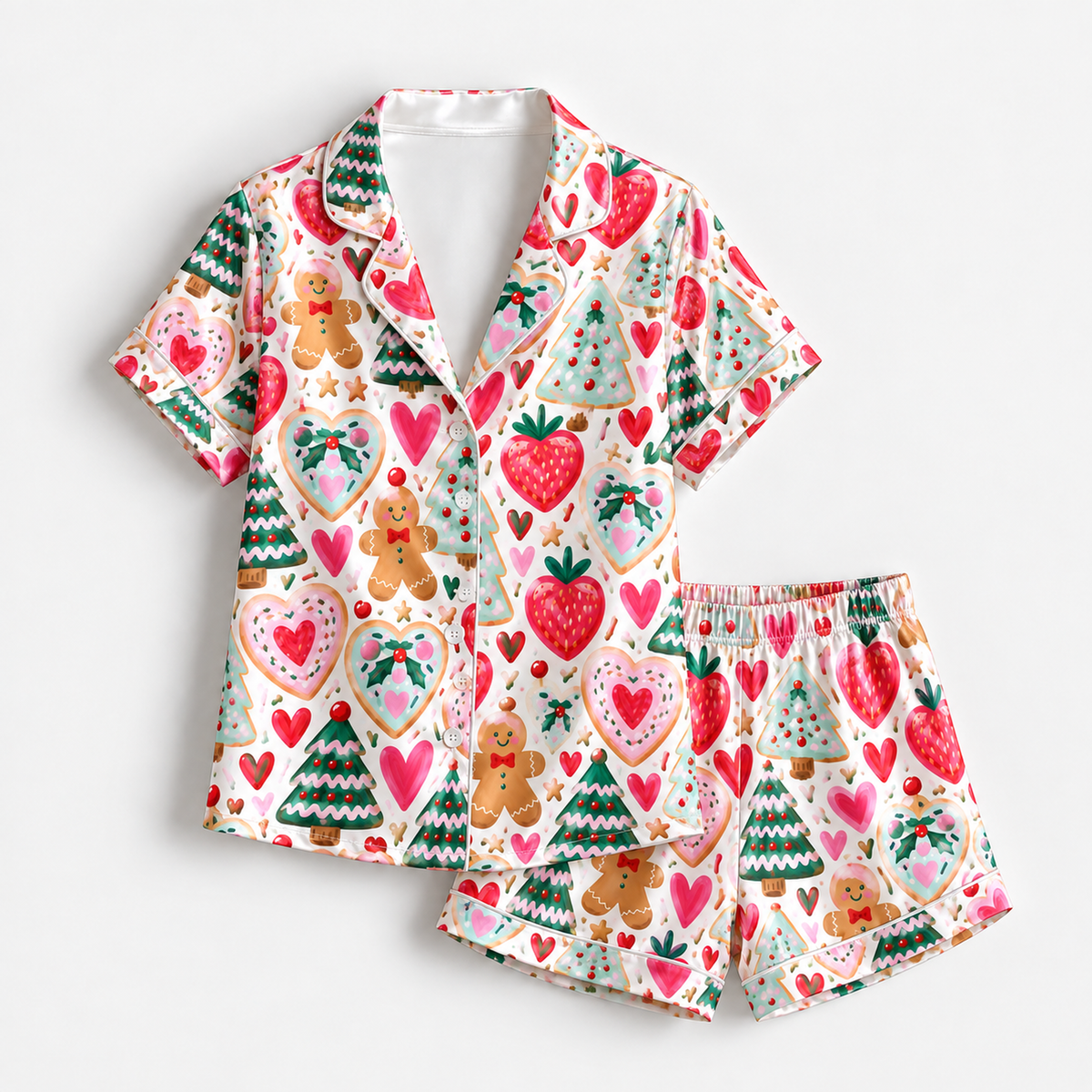 PJ-1757-"Gingerbread Strawberry Satin Pajama Set with Christmas Trees Hearts Candy Canes and Festive Holiday Pattern for Cozy Sleepwear "