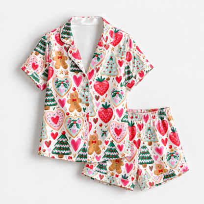 PJ-1757-"Gingerbread Strawberry Satin Pajama Set with Christmas Trees Hearts Candy Canes and Festive Holiday Pattern for Cozy Sleepwear "